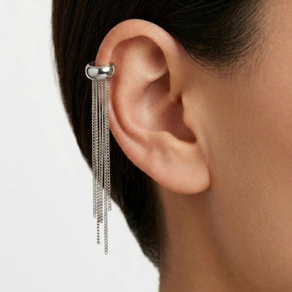 Ear Cuff Bombato con Catenelle Pendenti In Acciaio Inossidabile