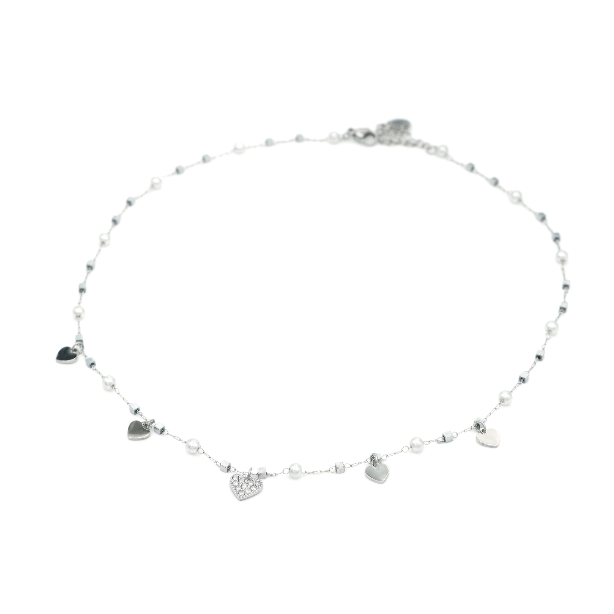 Collana in Acciaio Inossidabile con Pendenti a Cuore e Perle
