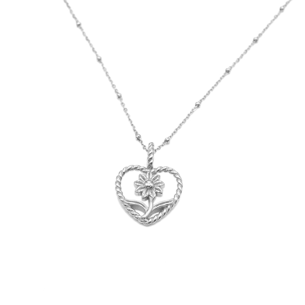 Collana in Acciaio con Ciondolo Fiore e Cuore