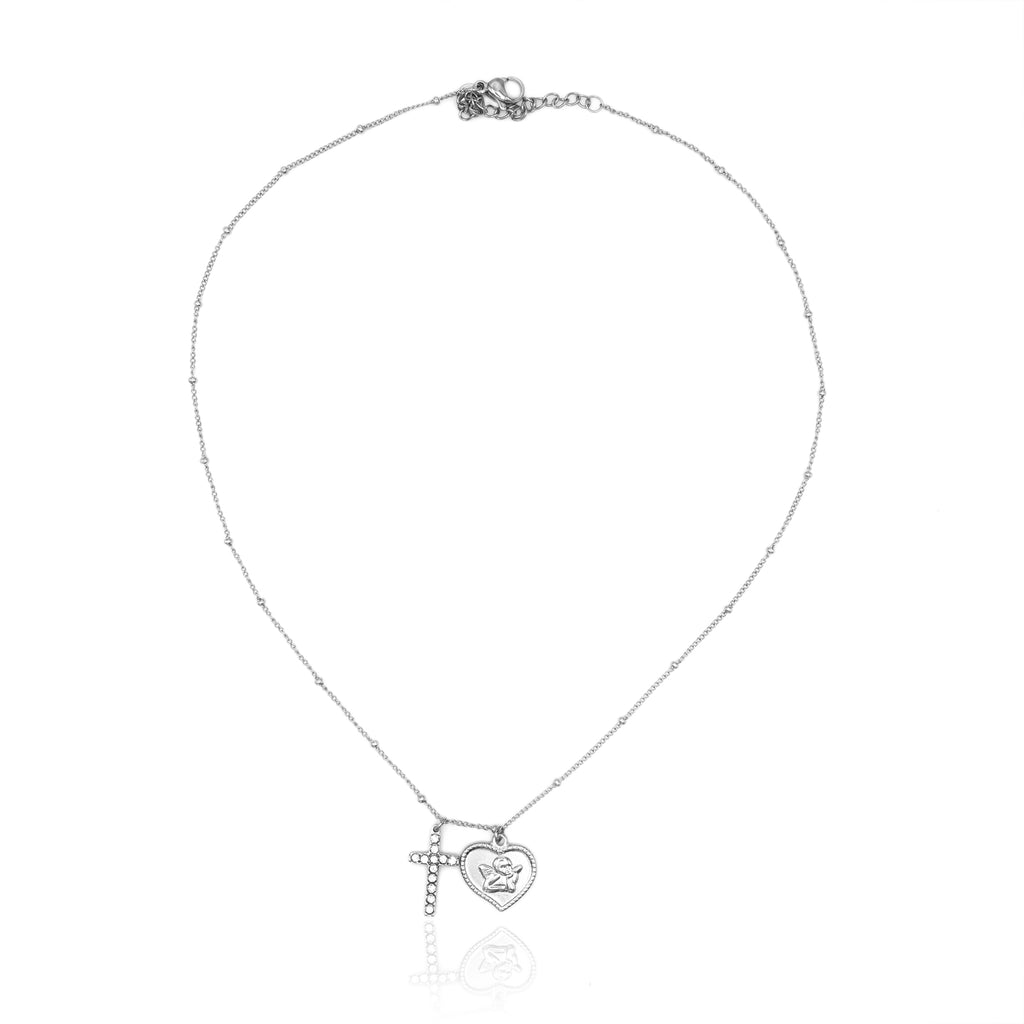 Collana Devotion con Croce in Pavé e Cuore con Angioletto In Acciaio Inossidabile