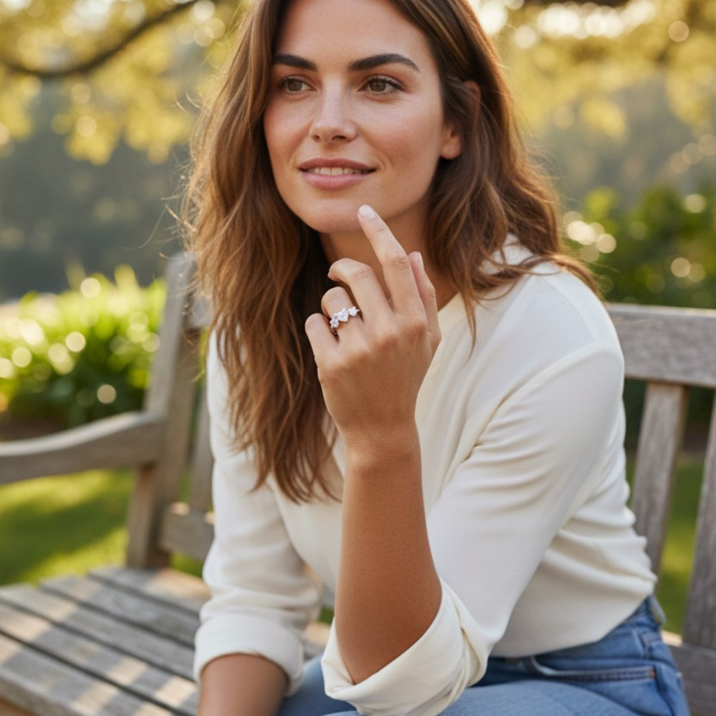 Anello Solitario Trilogy con Tre Zirconi a Cuore In Acciaio Inossidabile