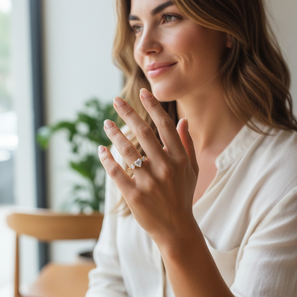 Anello Solitario Trilogy con Tre Zirconi a Cuore In Acciaio Inossidabile