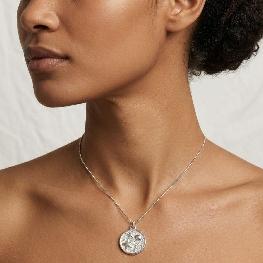 Collana Medaglia Marina Sabbiata e Stelle Marine In Acciaio Inossidabile