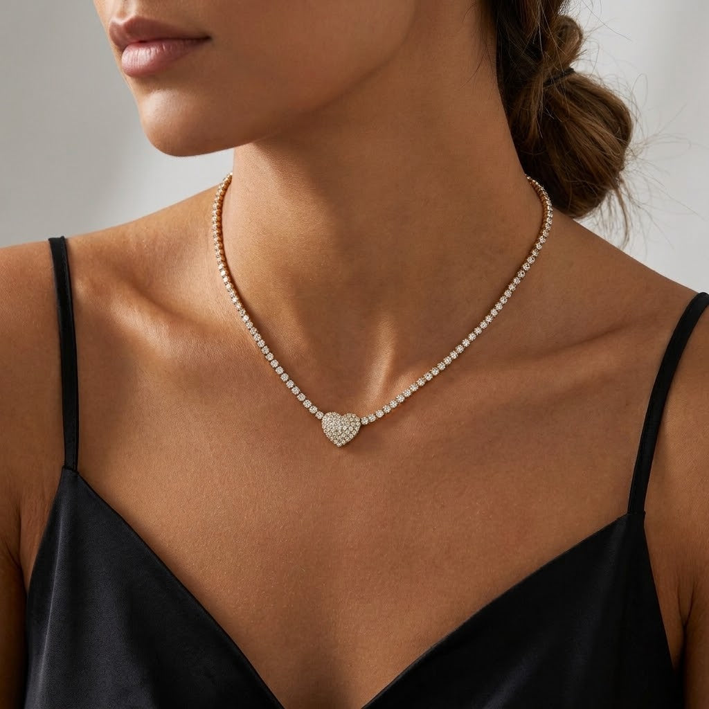 Collana Tennis Cuore Pavé In Acciaio Inossidabile