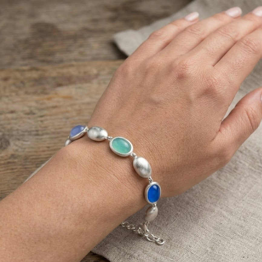 Bracciale con Ovali Satinati e Pietre Colorate In Acciaio Inossidabile