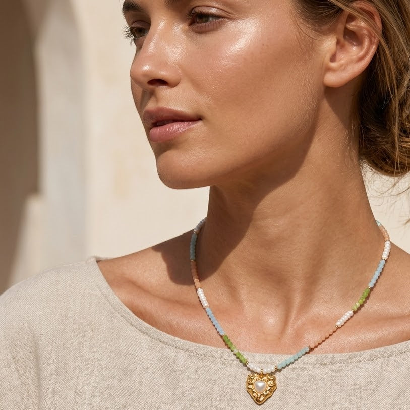 Collana Multicolor con Cuore Martellato e Perla In Acciaio Inossidabile