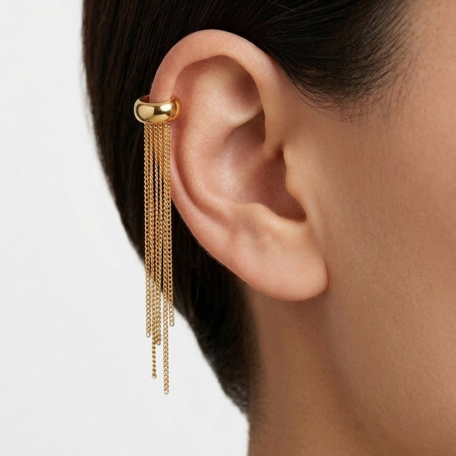 Ear Cuff Bombato con Catenelle Pendenti In Acciaio Inossidabile