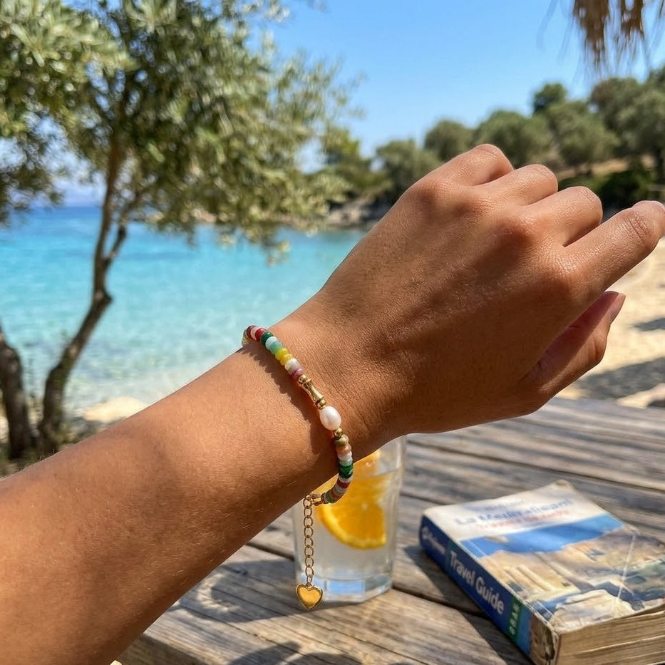 Bracciale con Pietre Multicolore e Perle In Acciaio Inossidabile