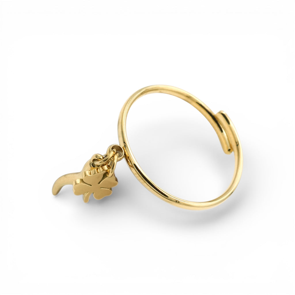 Anello Doppia Sorte con Quadrifoglio e Cornetto In Acciaio Inossidabile