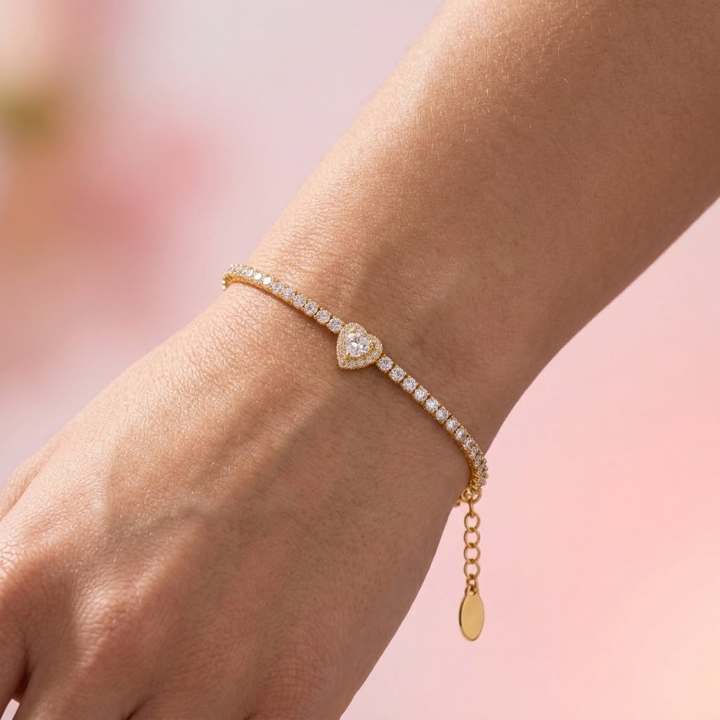 Bracciale Tennis con Zirconi e Charm Cuore Centrale In Acciaio Inossidabile
