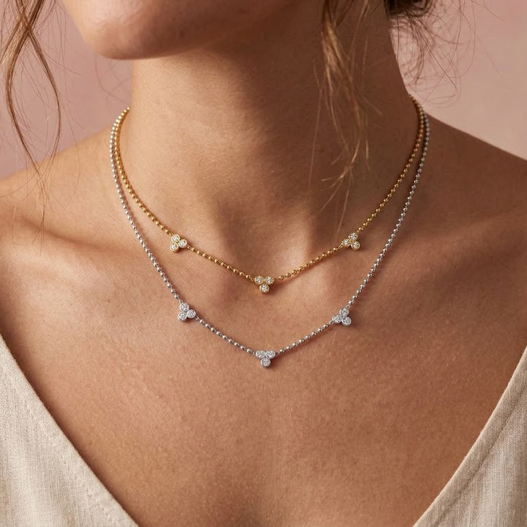 Collana Girocollo a Sfere con Trifogli di Zirconi In Acciaio Inossidabile