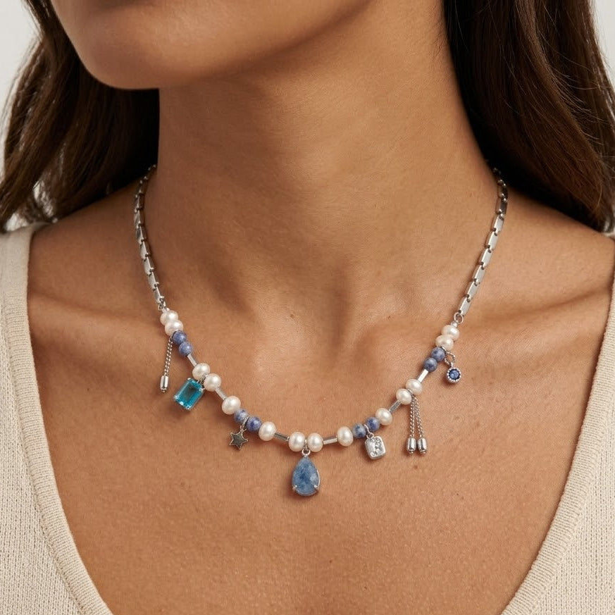 Collana Elegance Celeste con Perle e Pietre In Acciaio Inossidabile