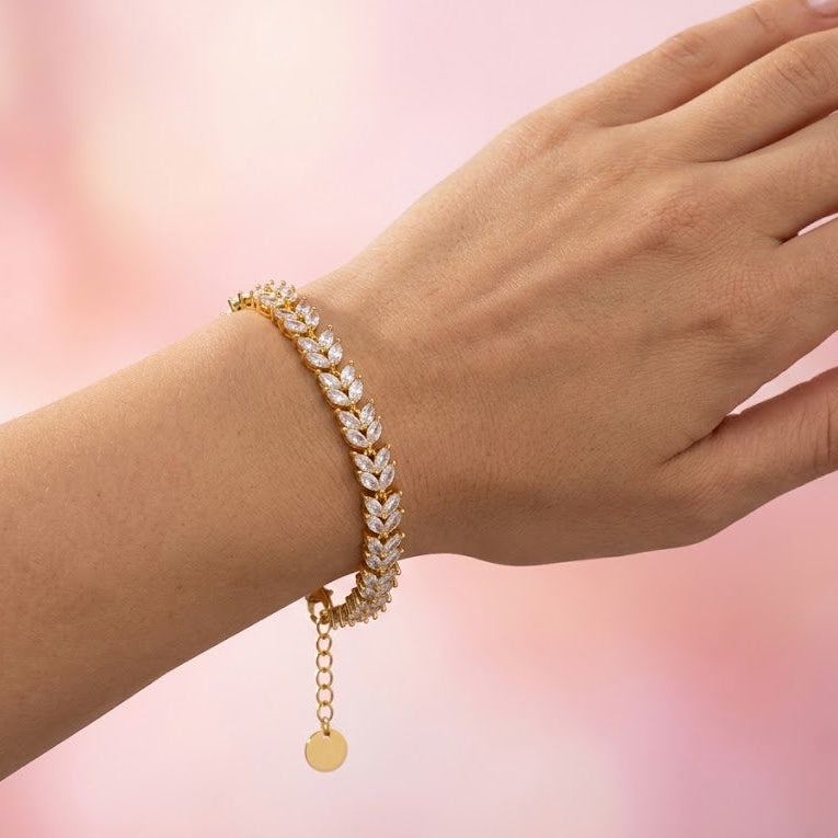 Bracciale Tennis con Zirconi a Taglio Marquise e Motivo a Foglia In Acciaio Inossidabile