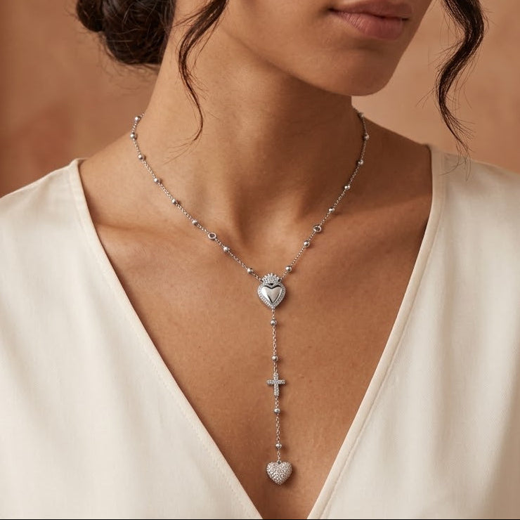 Collana Rosario con Cuore Sacro e Croce In Acciaio Inossidabile