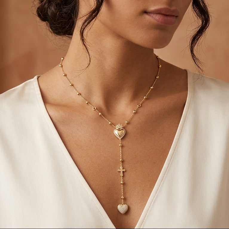 Collana Rosario con Cuore Sacro e Croce In Acciaio Inossidabile