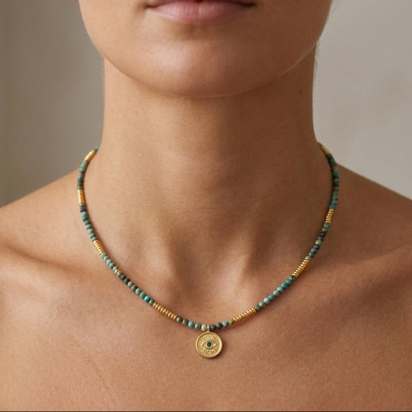 Collana Amuleto con Perline Turchesi In Acciaio Inossidabile