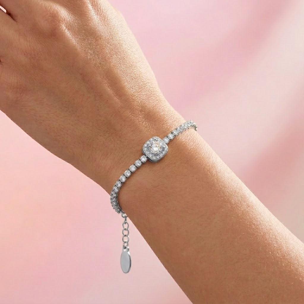 Bracciale Tennis con Zirconi e Centrale Quadrato In Acciaio Inossidabile