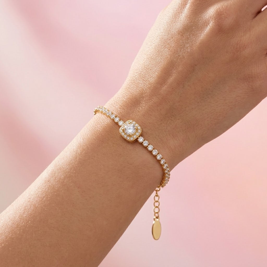 Bracciale Tennis con Zirconi e Centrale Quadrato In Acciaio Inossidabile