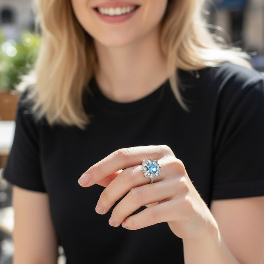 Anello Fiore Azzurro Brillante in Argento
