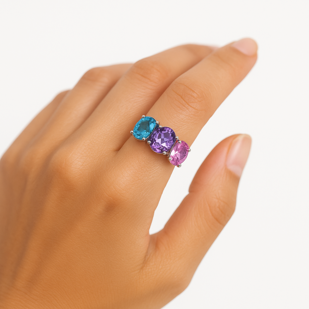 Anello Tre Gemme Colorate in Argento
