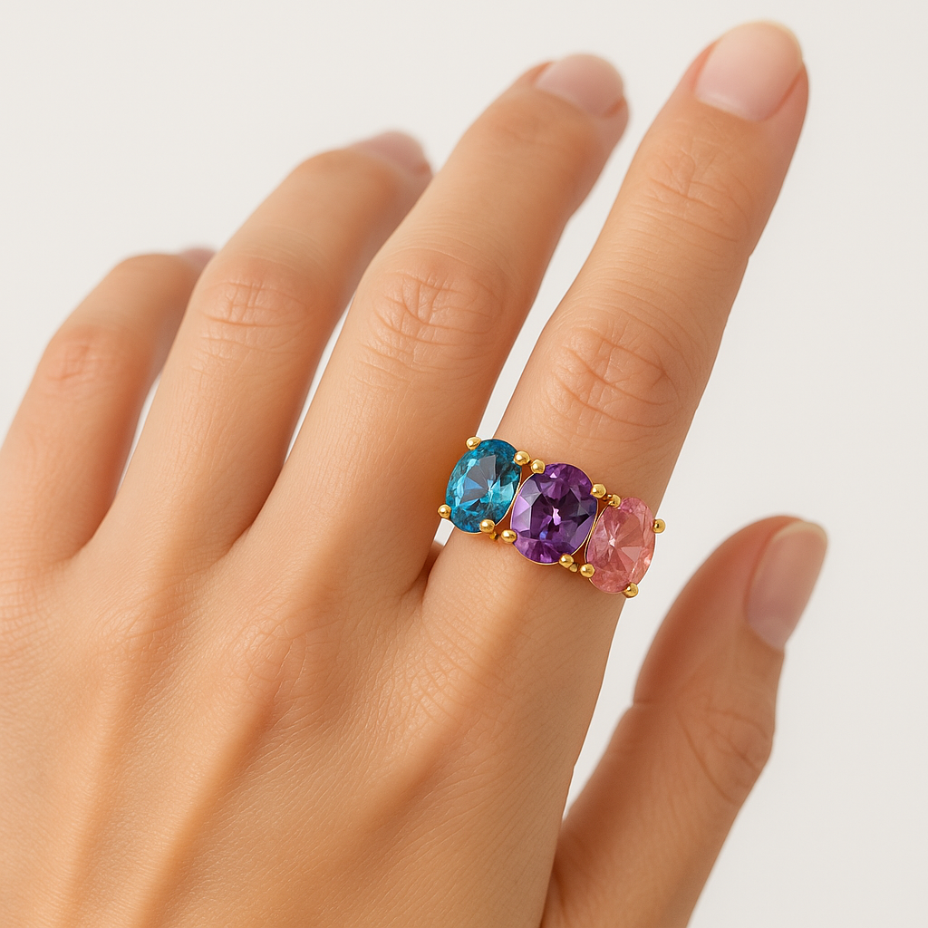 Anello Tre Gemme Colorate in Argento