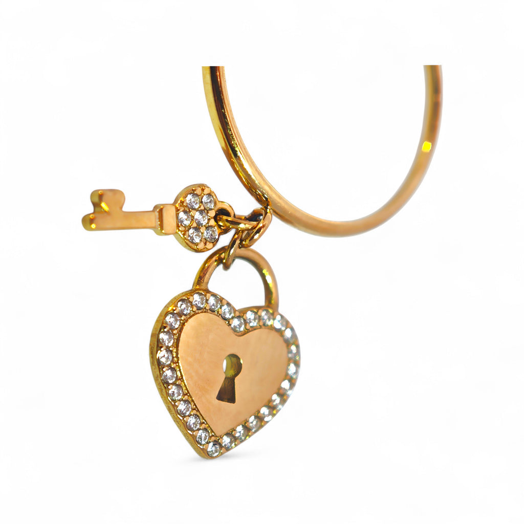 Anello con Pendenti Lucchetto Cuore e Chiave con Zirconi In Acciaio Inossidabile