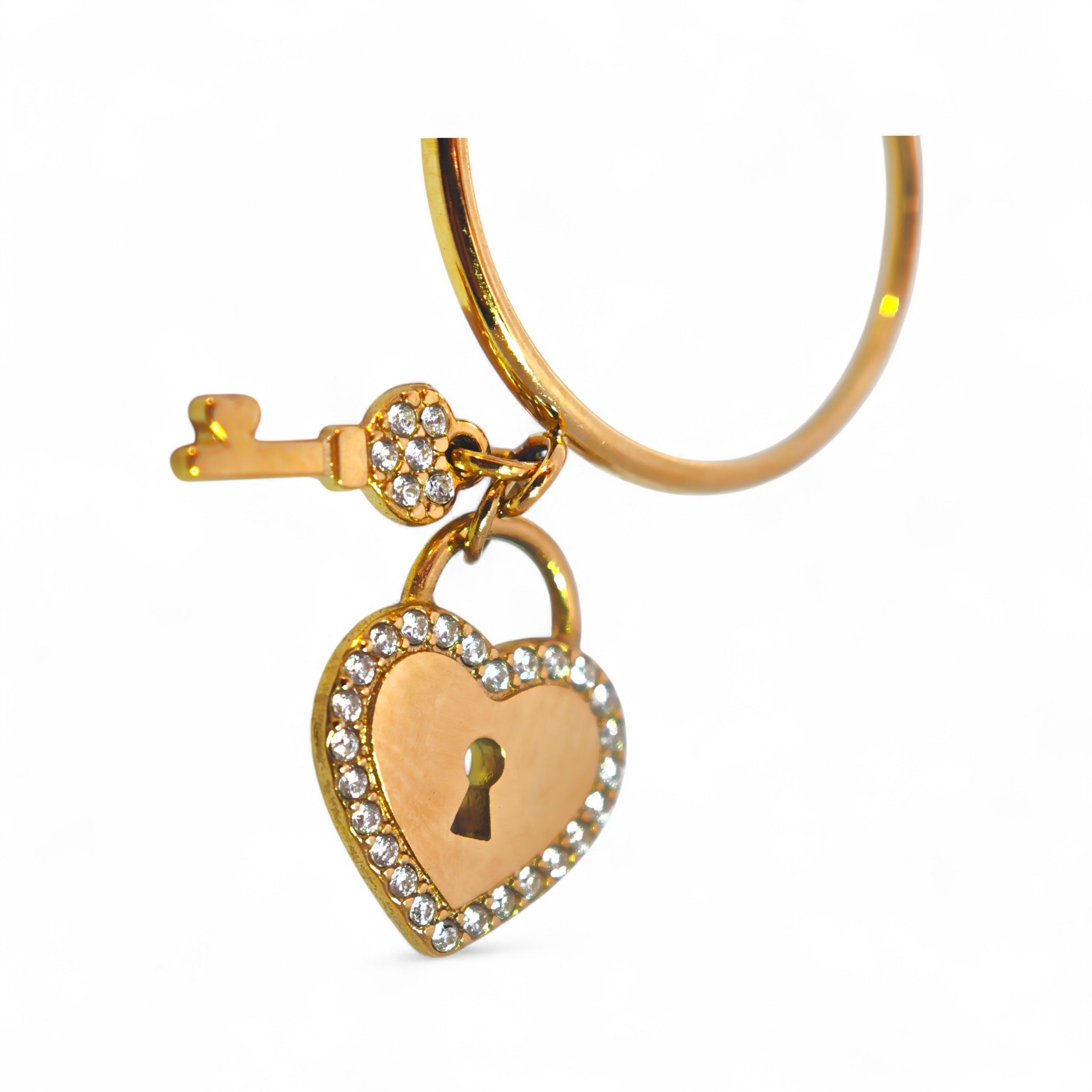 Anello con Pendenti Lucchetto Cuore e Chiave con Zirconi in Acciaio Inossidabile