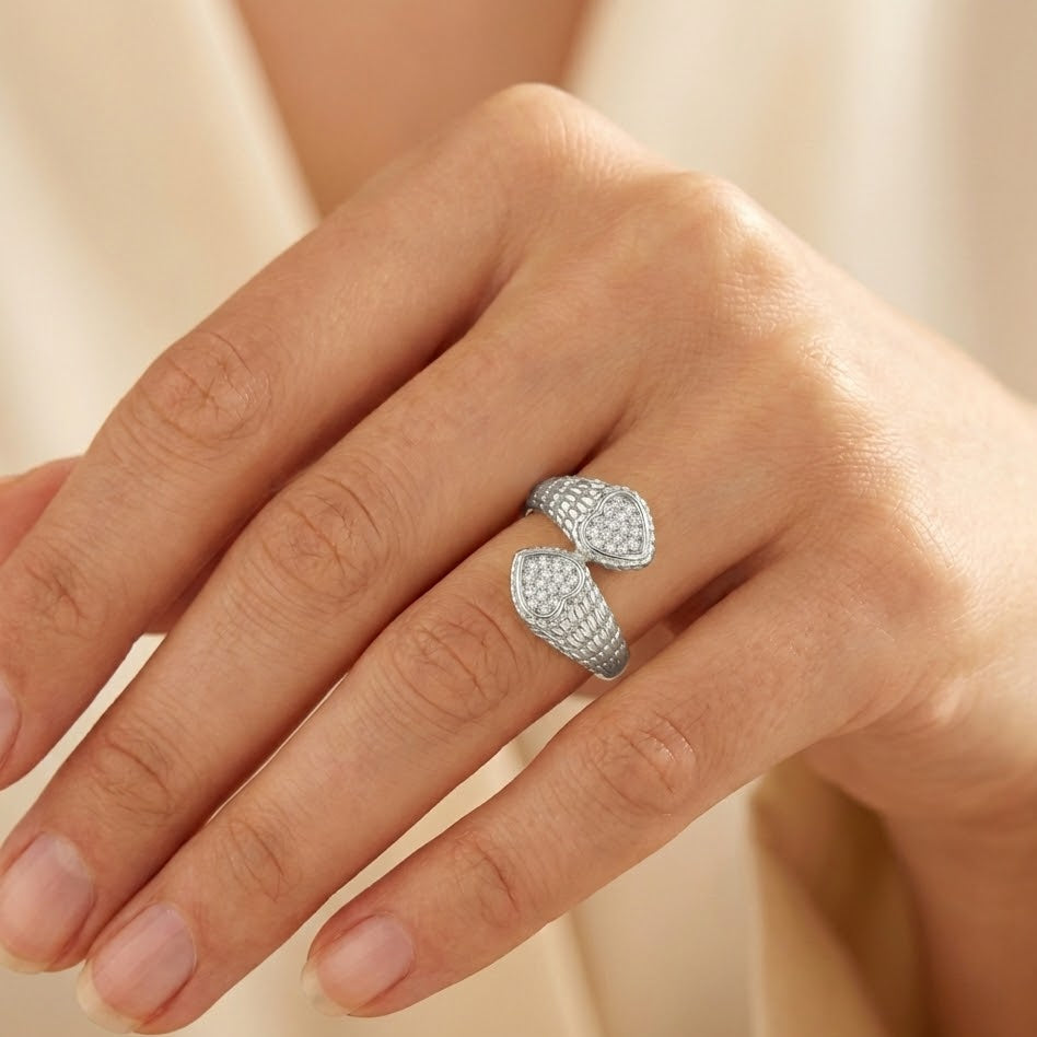 Anello Doppio Cuore con Zirconi In Acciaio Inossidabile