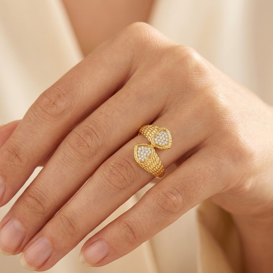 Anello Doppio Cuore con Zirconi In Acciaio Inossidabile