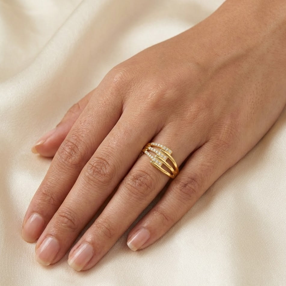 Anello a Tre FilI con Pavé Geometrico In Acciaio Inossidabile