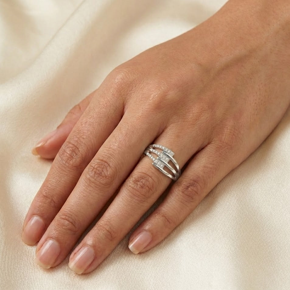 Anello a Tre FilI con Pavé Geometrico In Acciaio Inossidabile