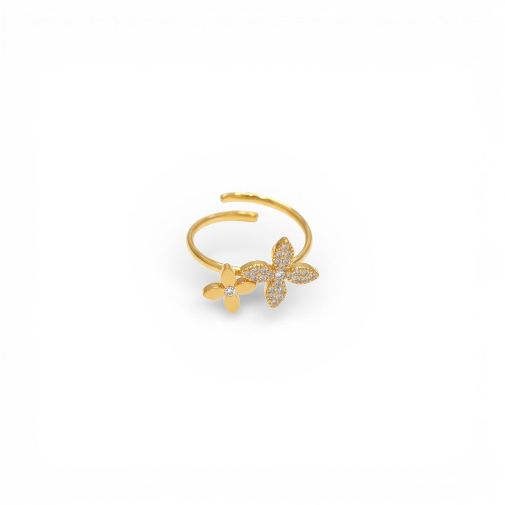 Anello con Doppio Fiore Liscio e Pavé In Acciaio Inossidabile