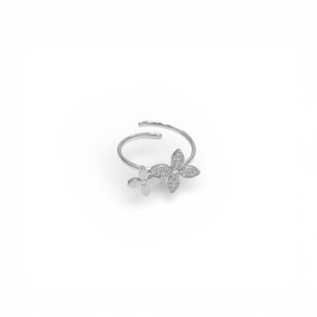Anello con Doppio Fiore Liscio e Pavé In Acciaio Inossidabile
