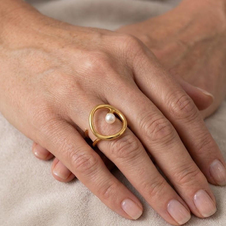 Anello Astratto Con Perla In Acciaio Inossidabile