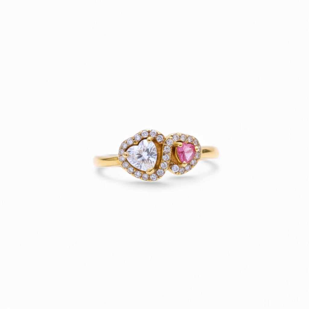 Anello Double Heart Zirconi Bicolore con Pavé Luminoso In Acciaio Inossidabile