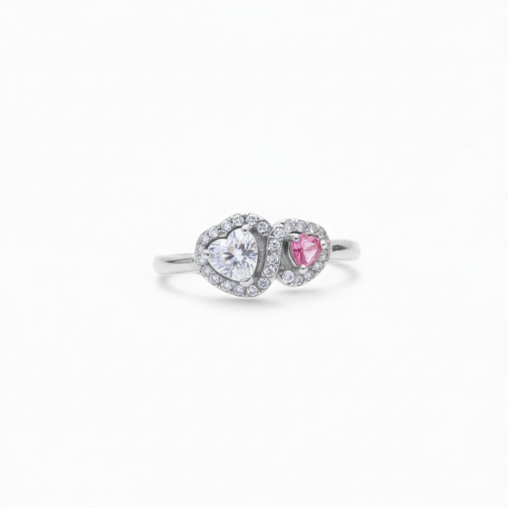 Anello Double Heart Zirconi Bicolore con Pavé Luminoso In Acciaio Inossidabile