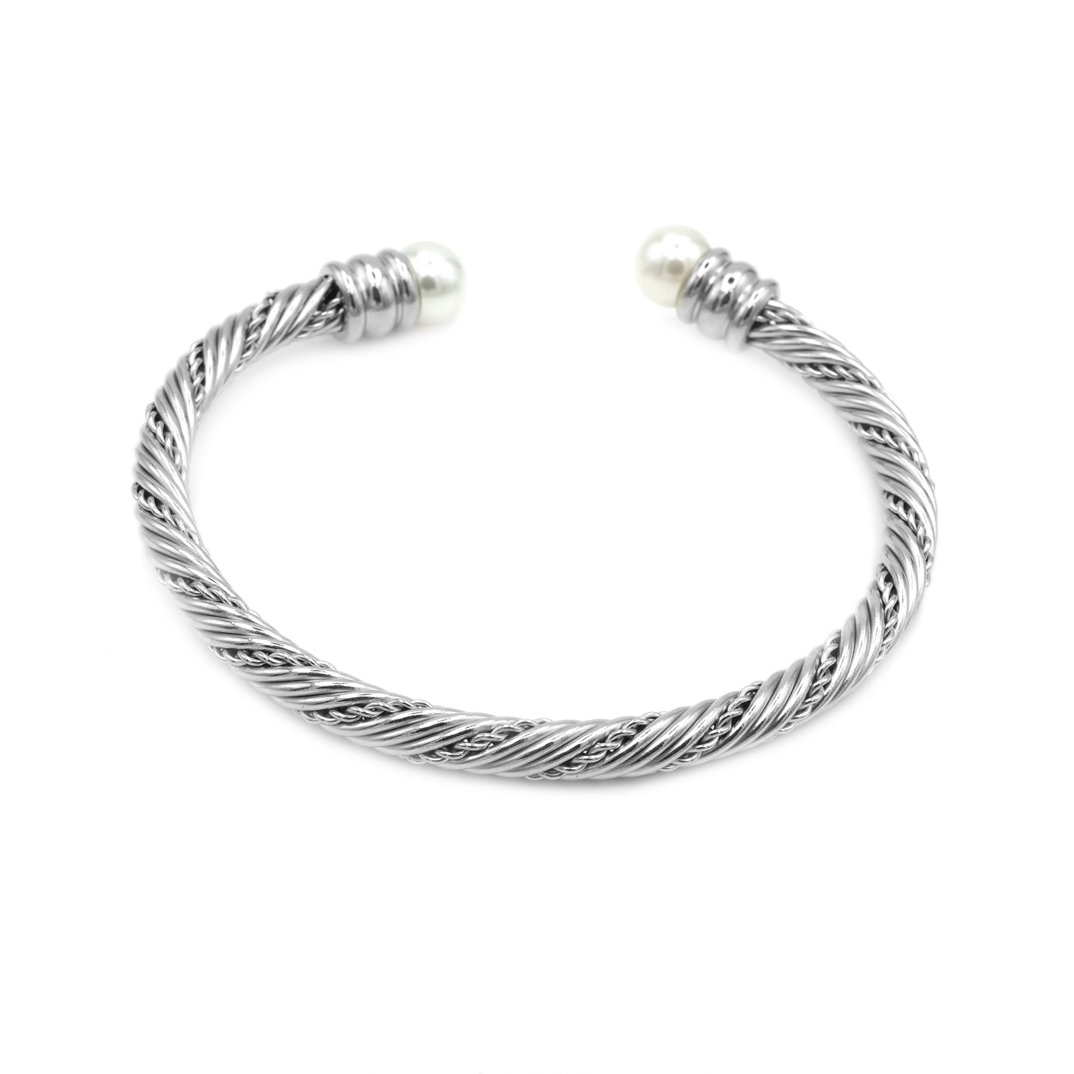 Bracciale Rigido Torchon con Terminali in Perla In Acciaio Inossidabile