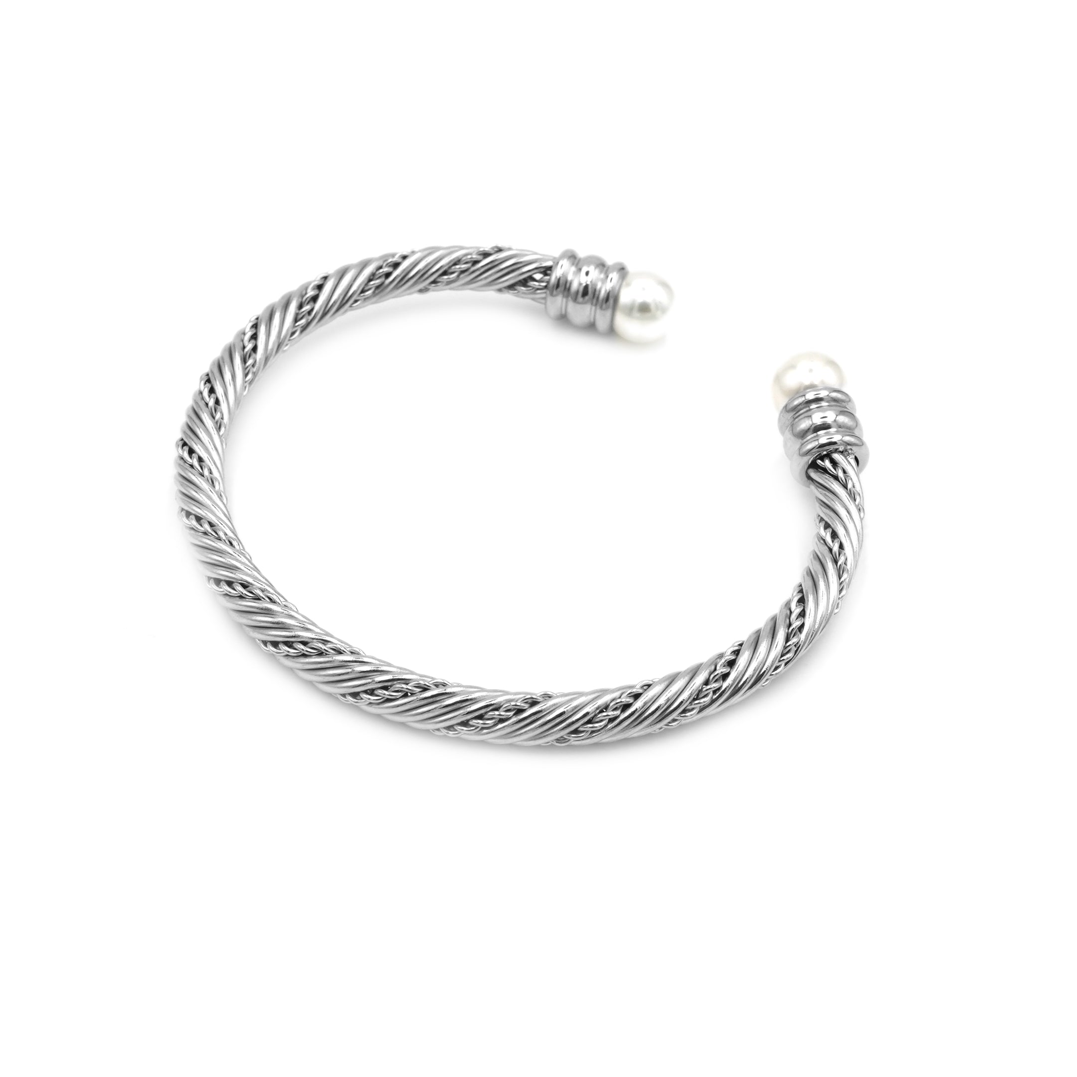 Bracciale Rigido Torchon con Terminali in Perla In Acciaio Inossidabile