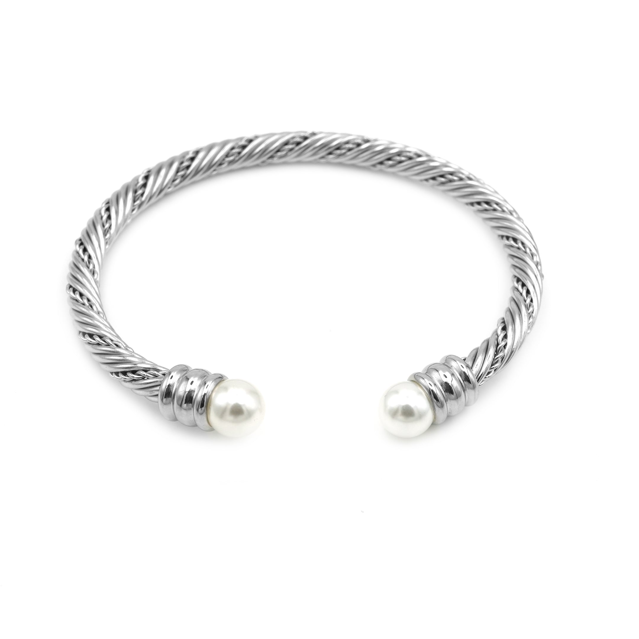 Bracciale Rigido Torchon con Terminali in Perla In Acciaio Inossidabile