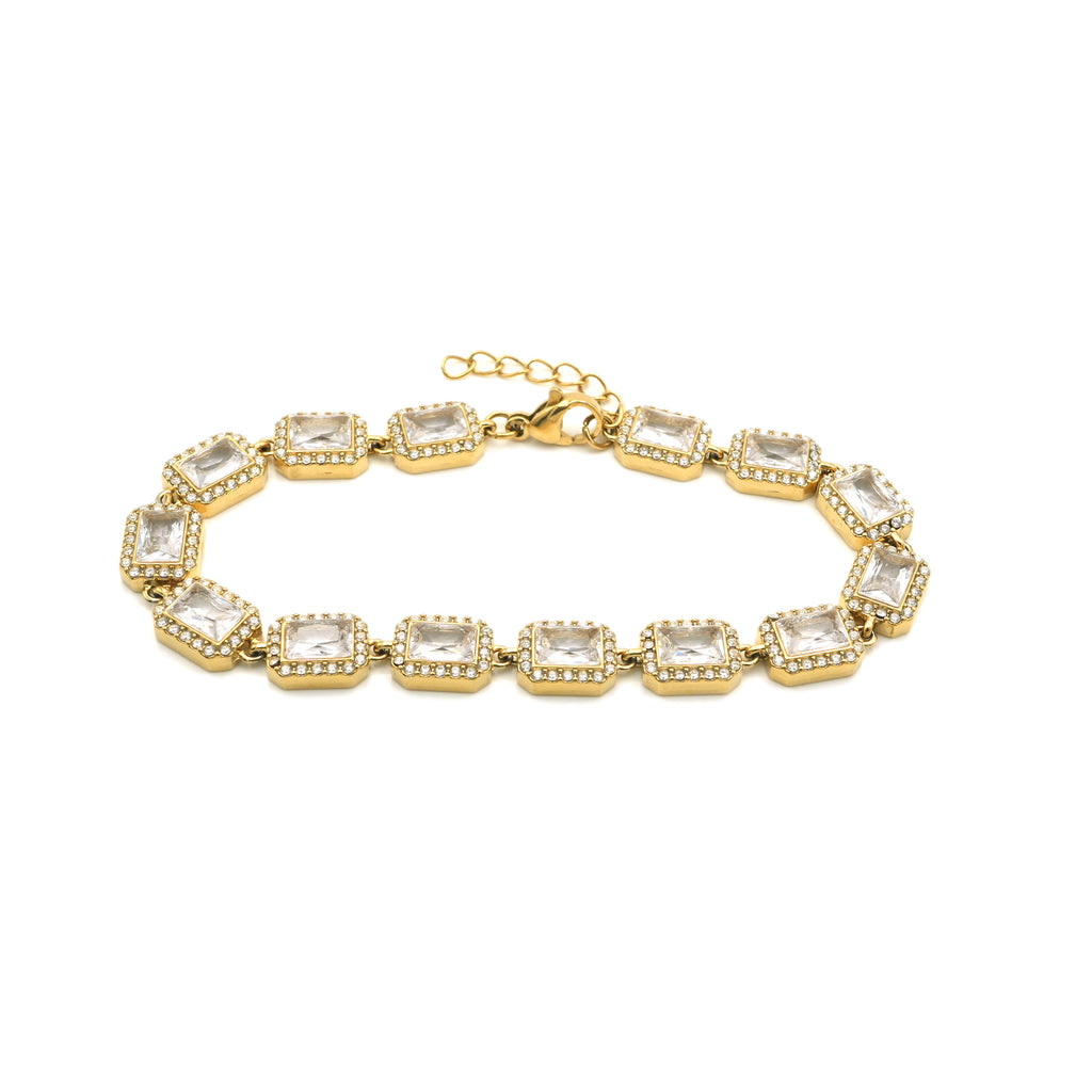 Bracciale Tennis con Cristalli Baguette e Halo In Acciaio Inossidabile
