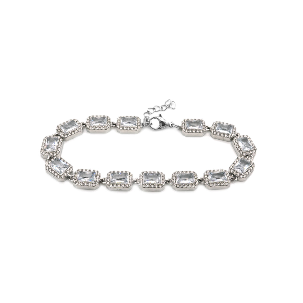 Bracciale Tennis con Cristalli Baguette e Halo In Acciaio Inossidabile