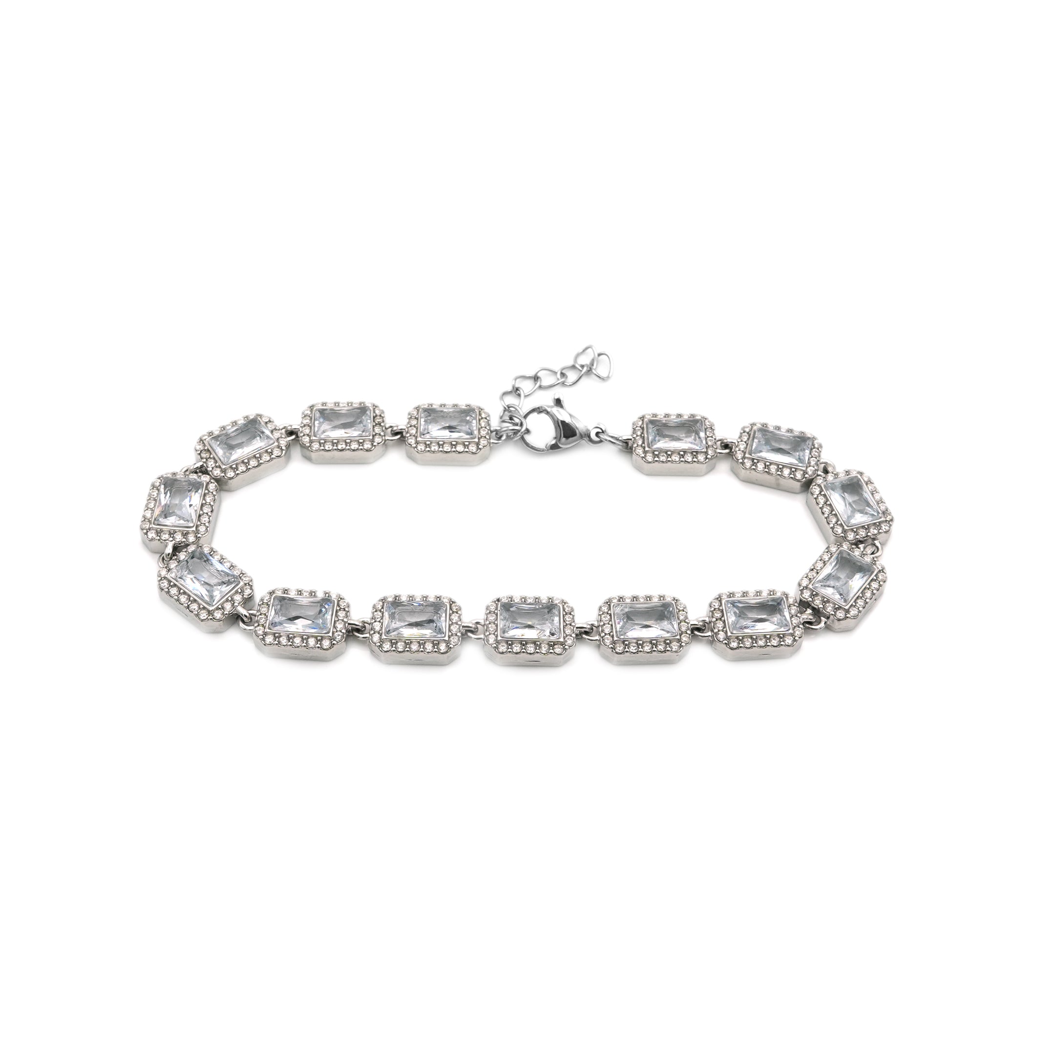 Bracciale Tennis con Cristalli Baguette e Halo In Acciaio Inossidabile