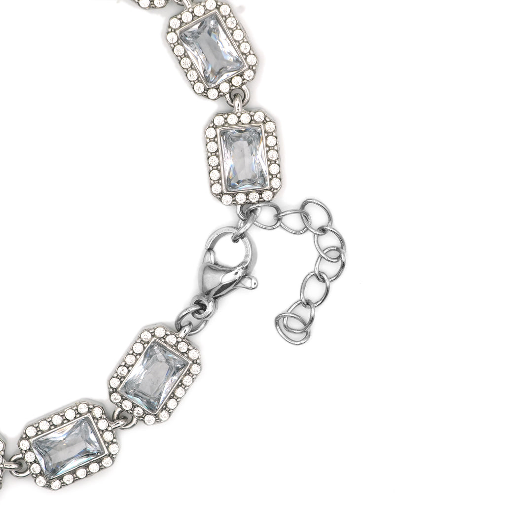 Bracciale Tennis con Cristalli Baguette e Halo In Acciaio Inossidabile