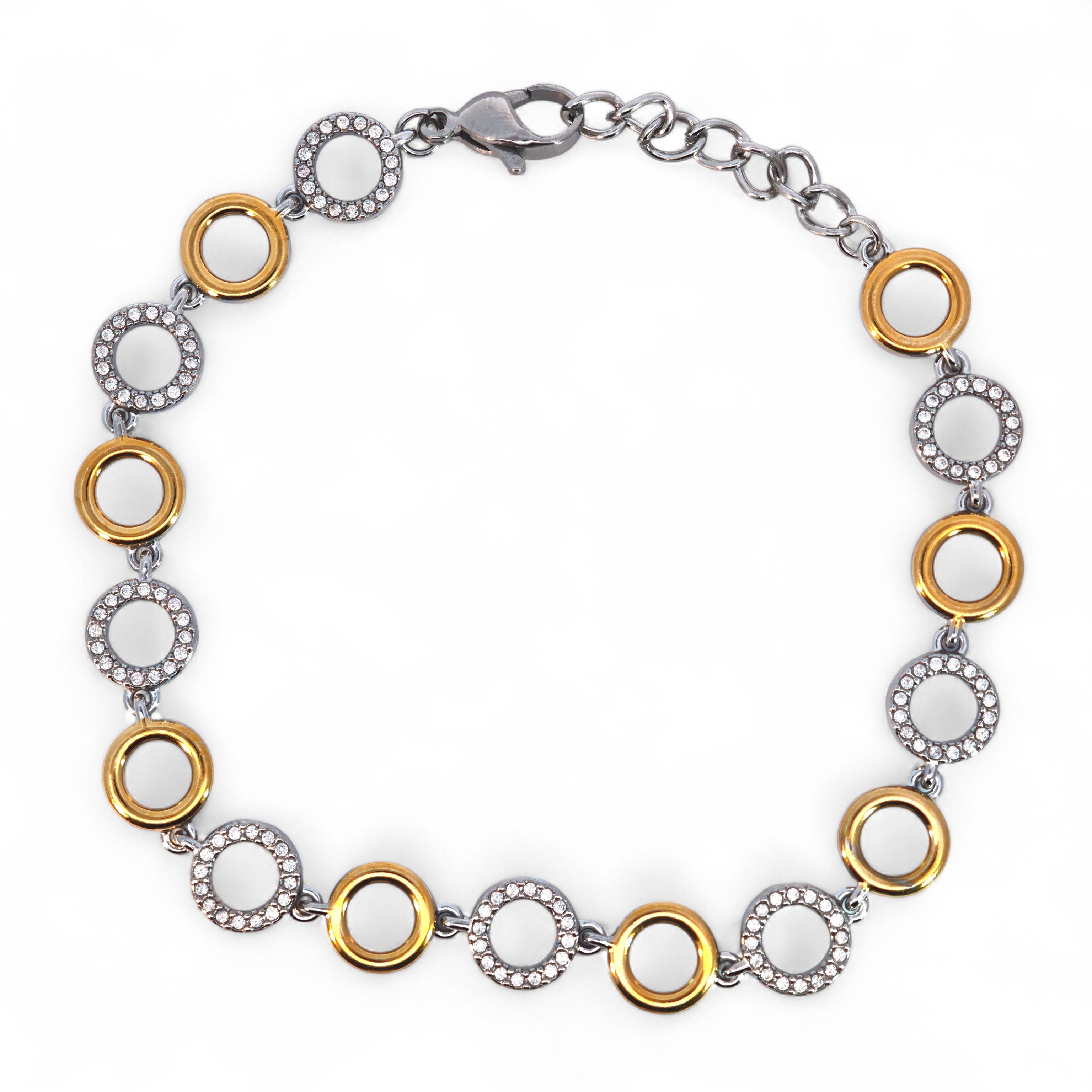 Bracciale Catena Cerchi Bicolore e Zirconi In Acciaio Inossidabile