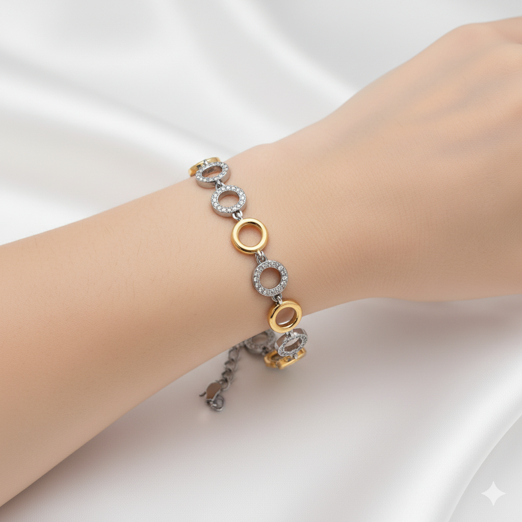 Bracciale Catena Cerchi Bicolore e Zirconi in Acciaio Inossidabile