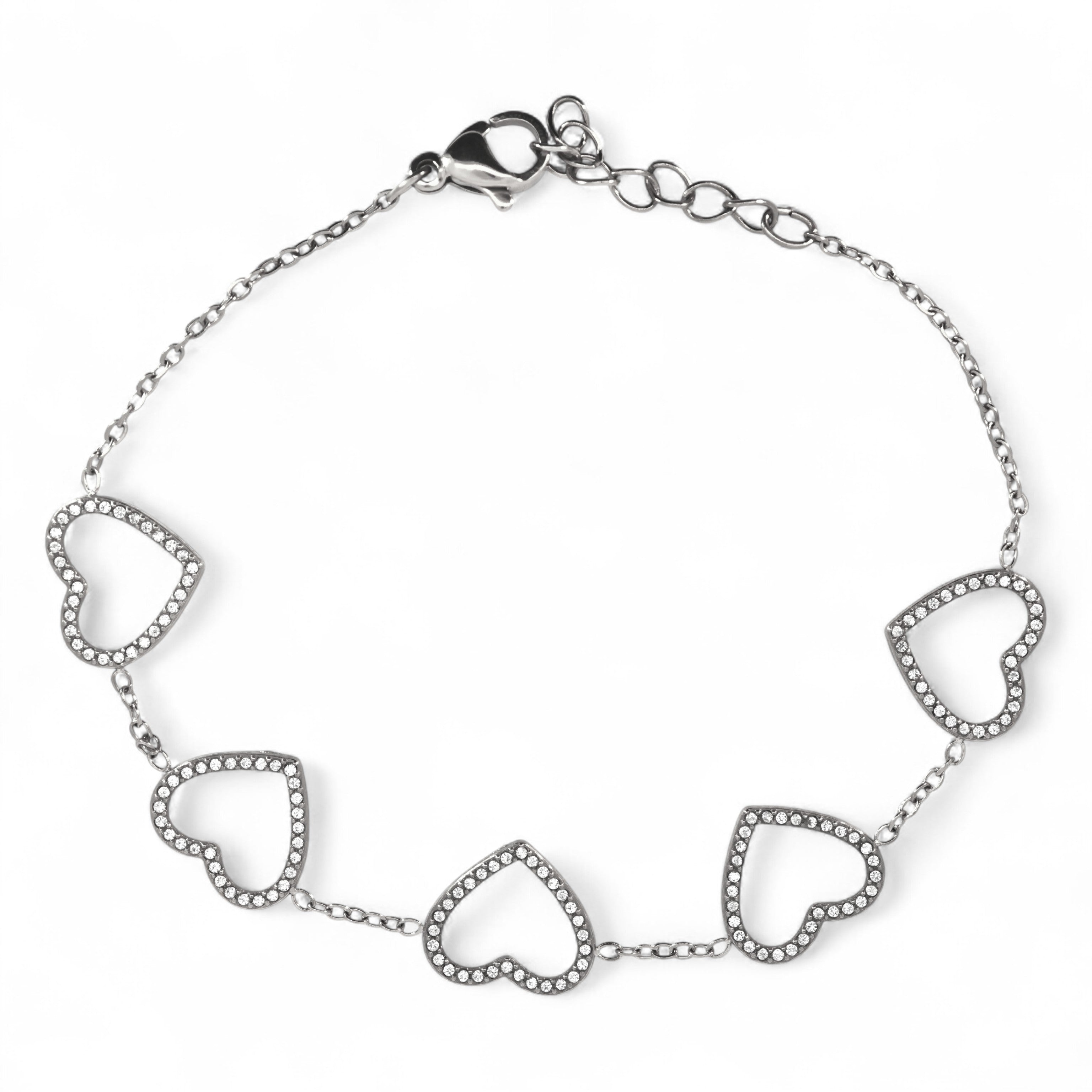 Bracciale con Cuori Contornati da Zirconi Luminosi In Acciaio Inossidabile