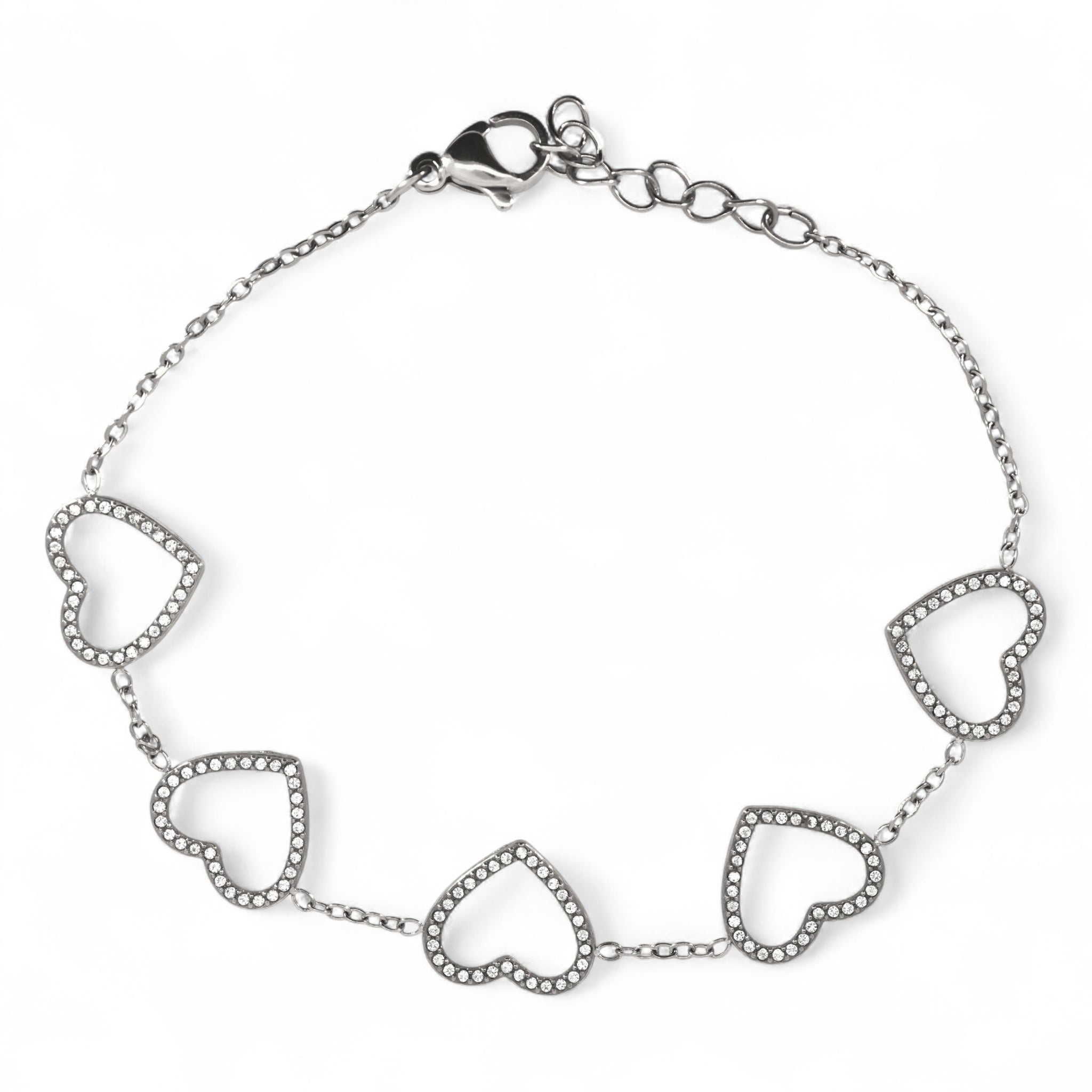 Bracciale con Cuori Contornati da Zirconi Luminosi in Acciaio Inossidabile