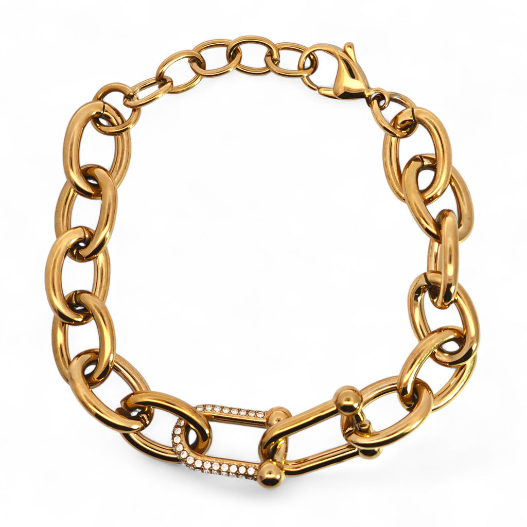 Bracciale Catena con Maglia Centrale e Zirconi In Acciaio Inossidabile