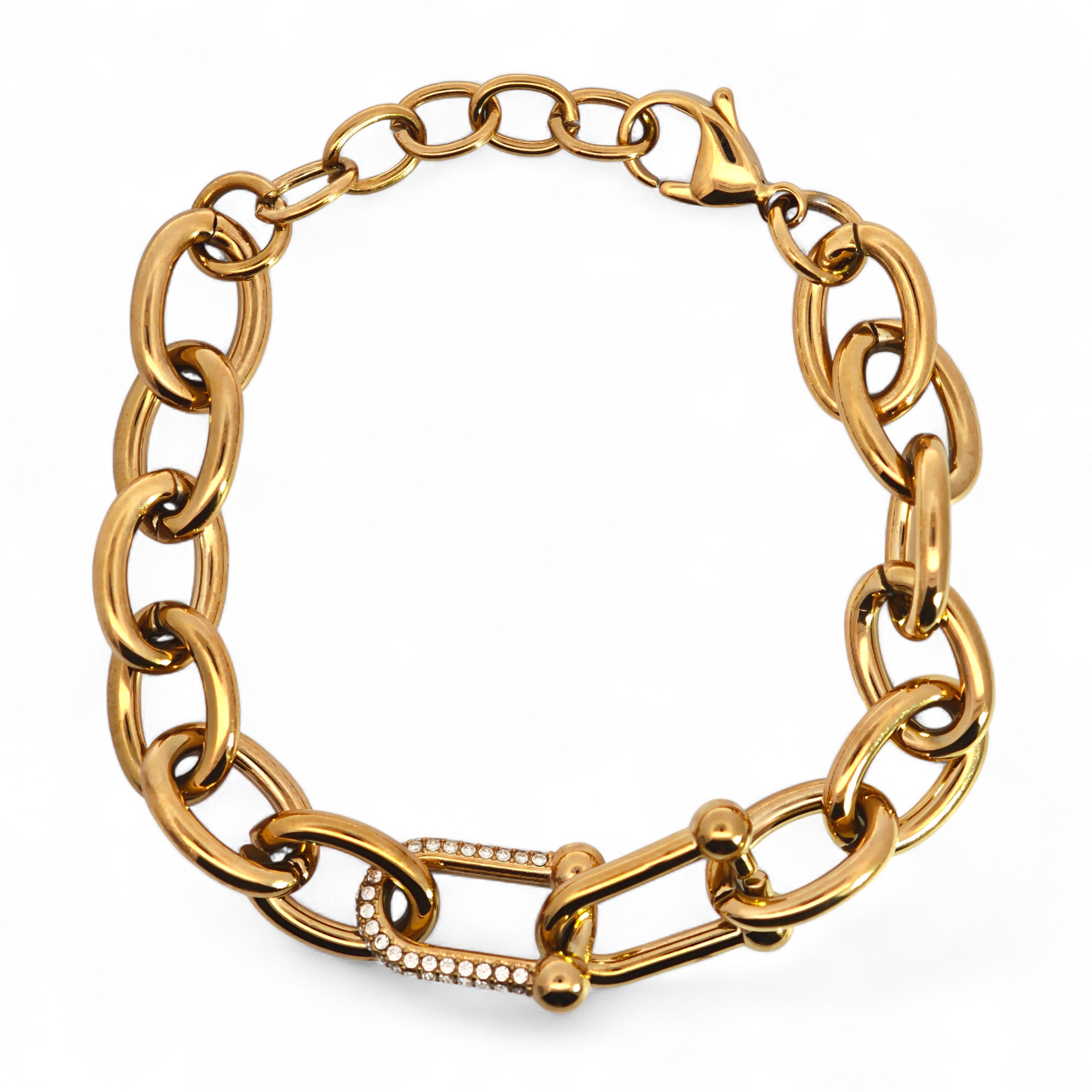 Bracciale Catena con Maglia Centrale e Zirconi In Acciaio Inossidabile