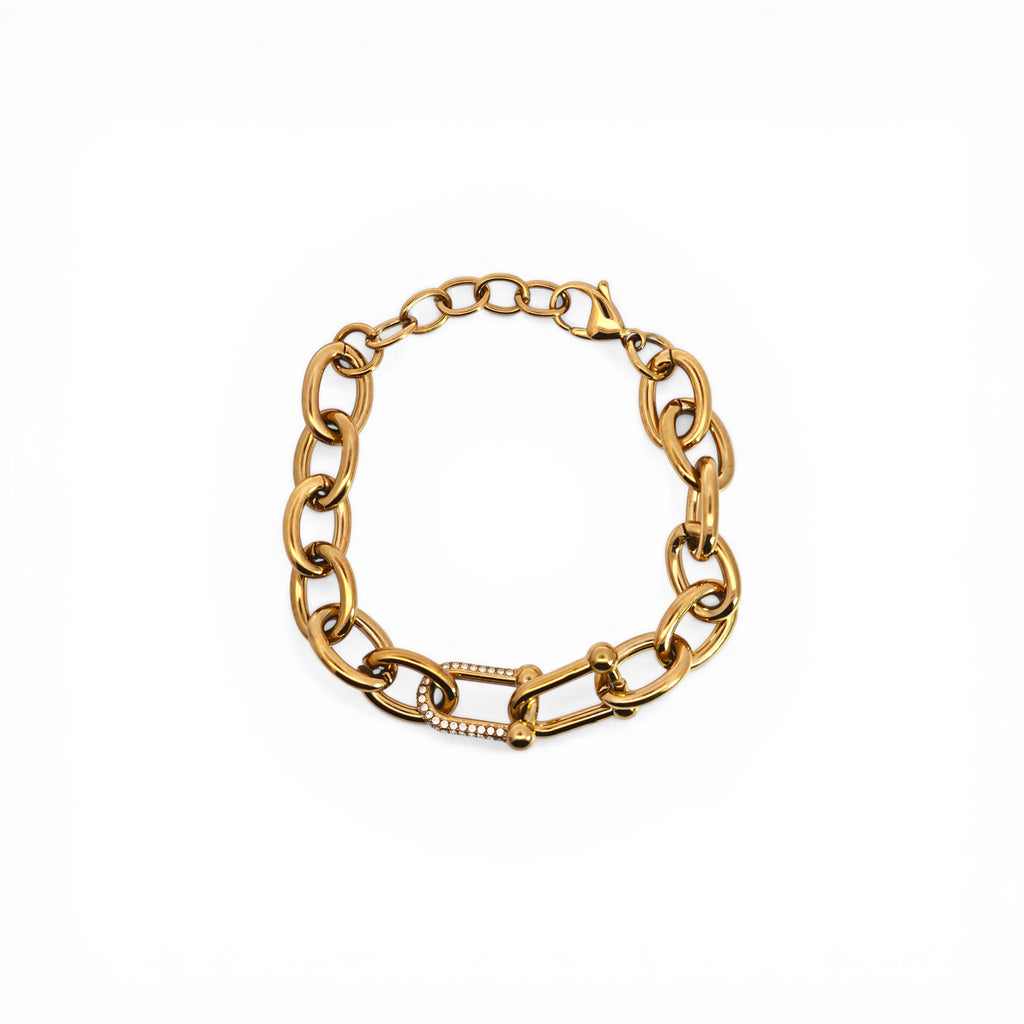 Bracciale Catena con Maglia Centrale e Zirconi In Acciaio Inossidabile